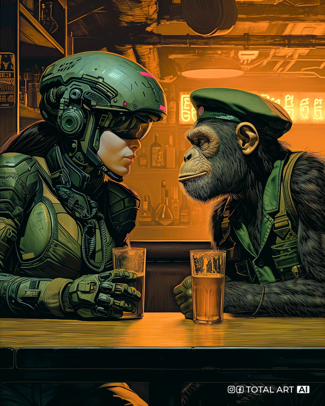 AI generated: Female cyborg in helmet, chimpanzee monkey in a green beret, they are sitting opposite each other in...