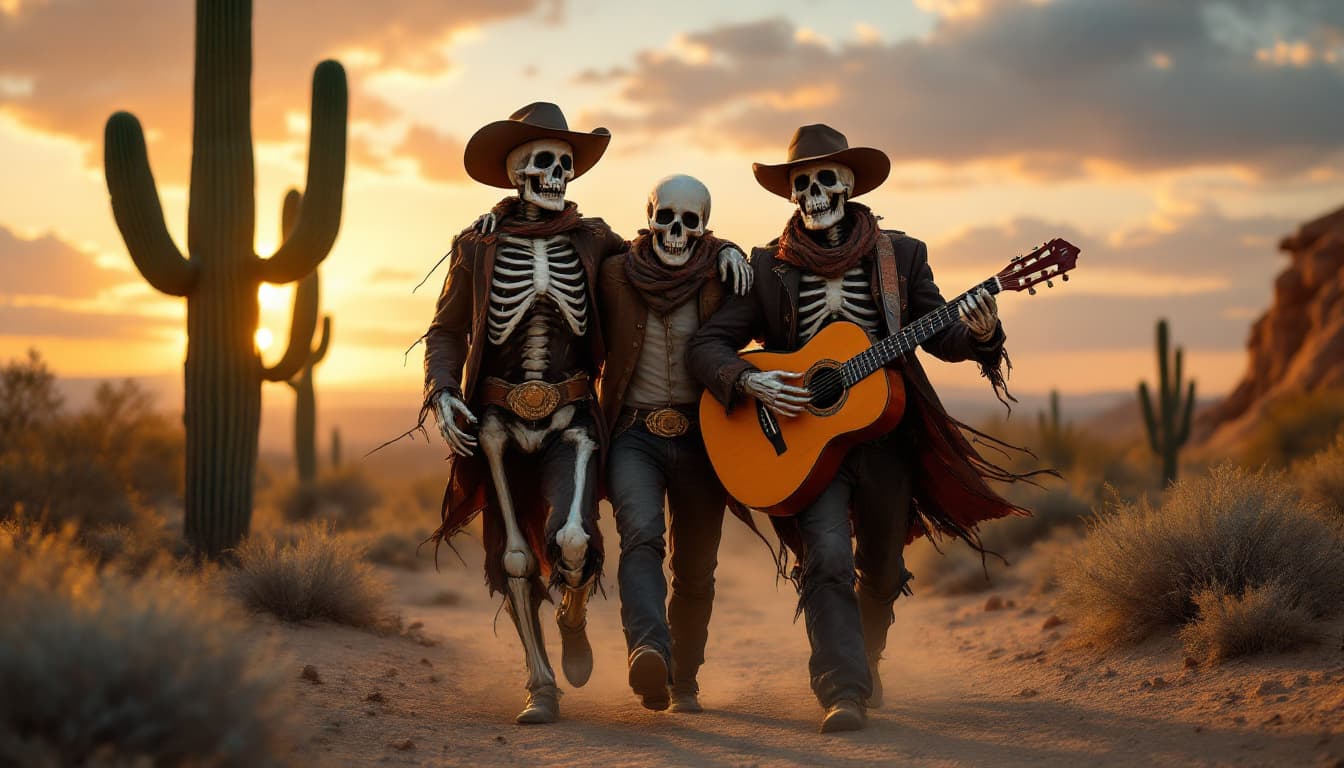 AI generated: Hola, quiero la siguiente imagen: Un hombre junto a dos calaveras caminando de espaldas en el desier...