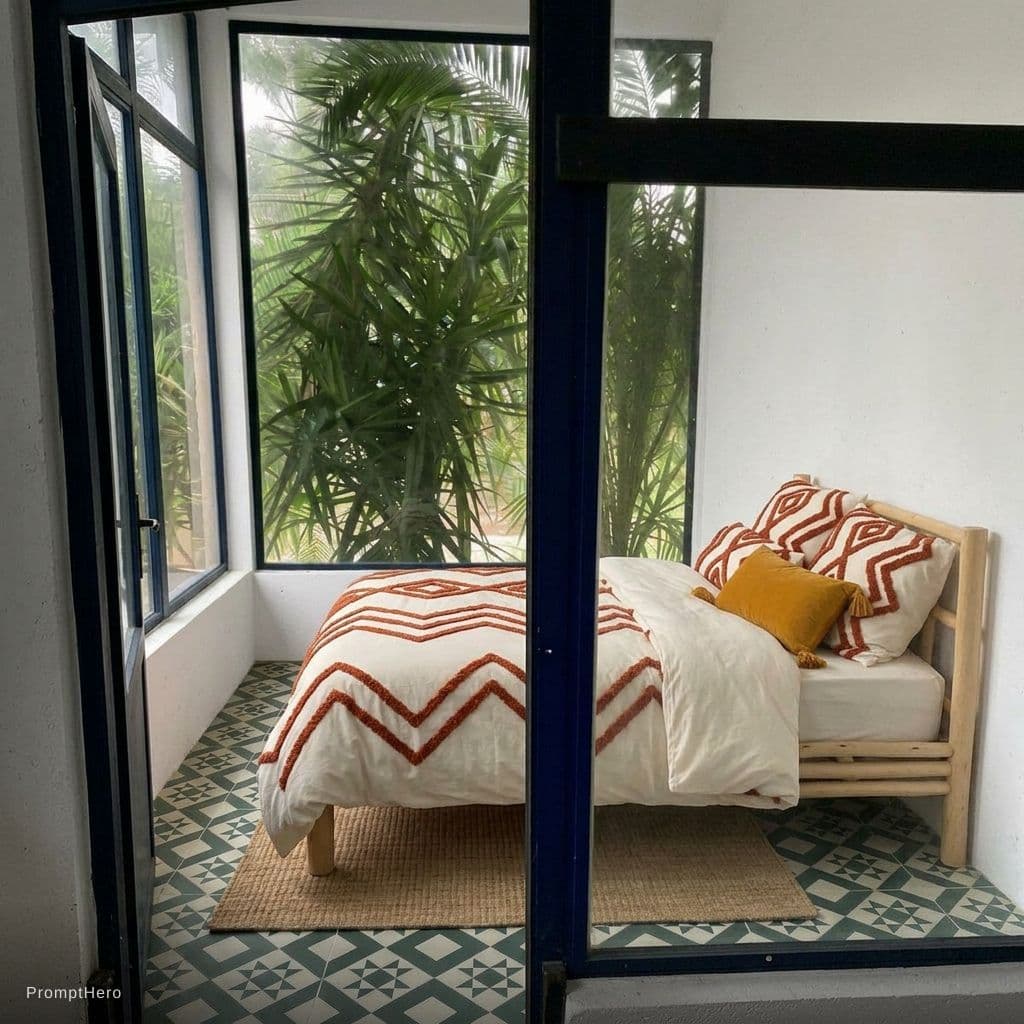 AI generated: replace the bed with the one in the reference image. Keep in mind the width of the room is only 2m a...