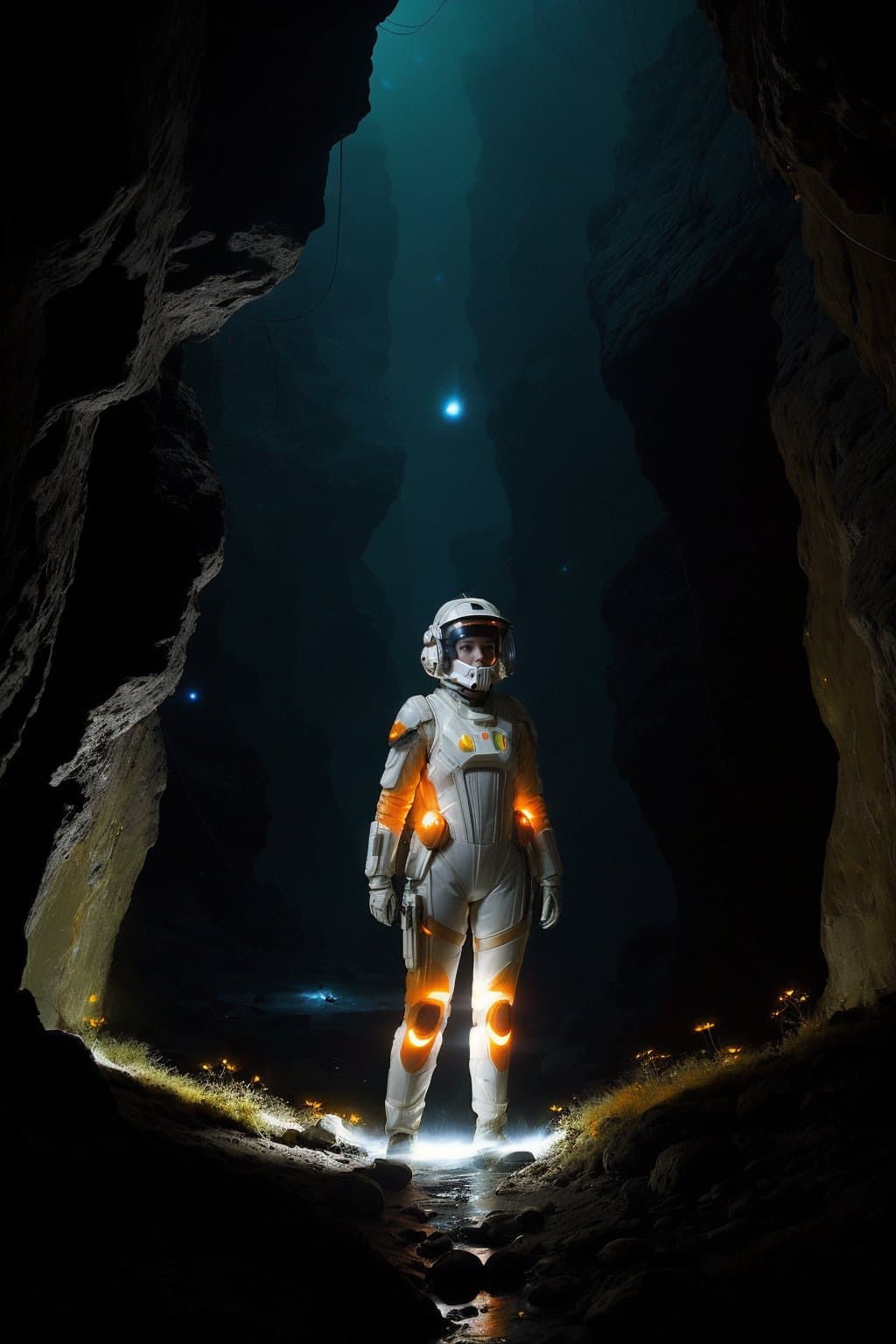 AI generated: classicnegative photo, a female space soldier wearing an orange and white space suit exploring a riv...