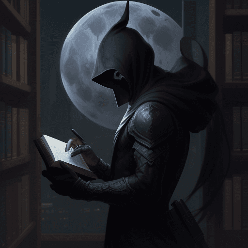 AI generated: mysterious figure from the side with a book in his hand at the library, by night <lora:xl_more_art-f...