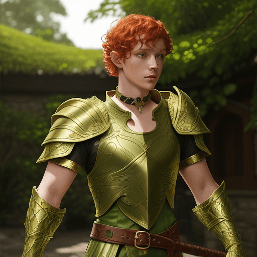 AI generated: fantasy, cleric of hesinde, short red curly hair, male, lime armor, lime head band, gold snake choke...