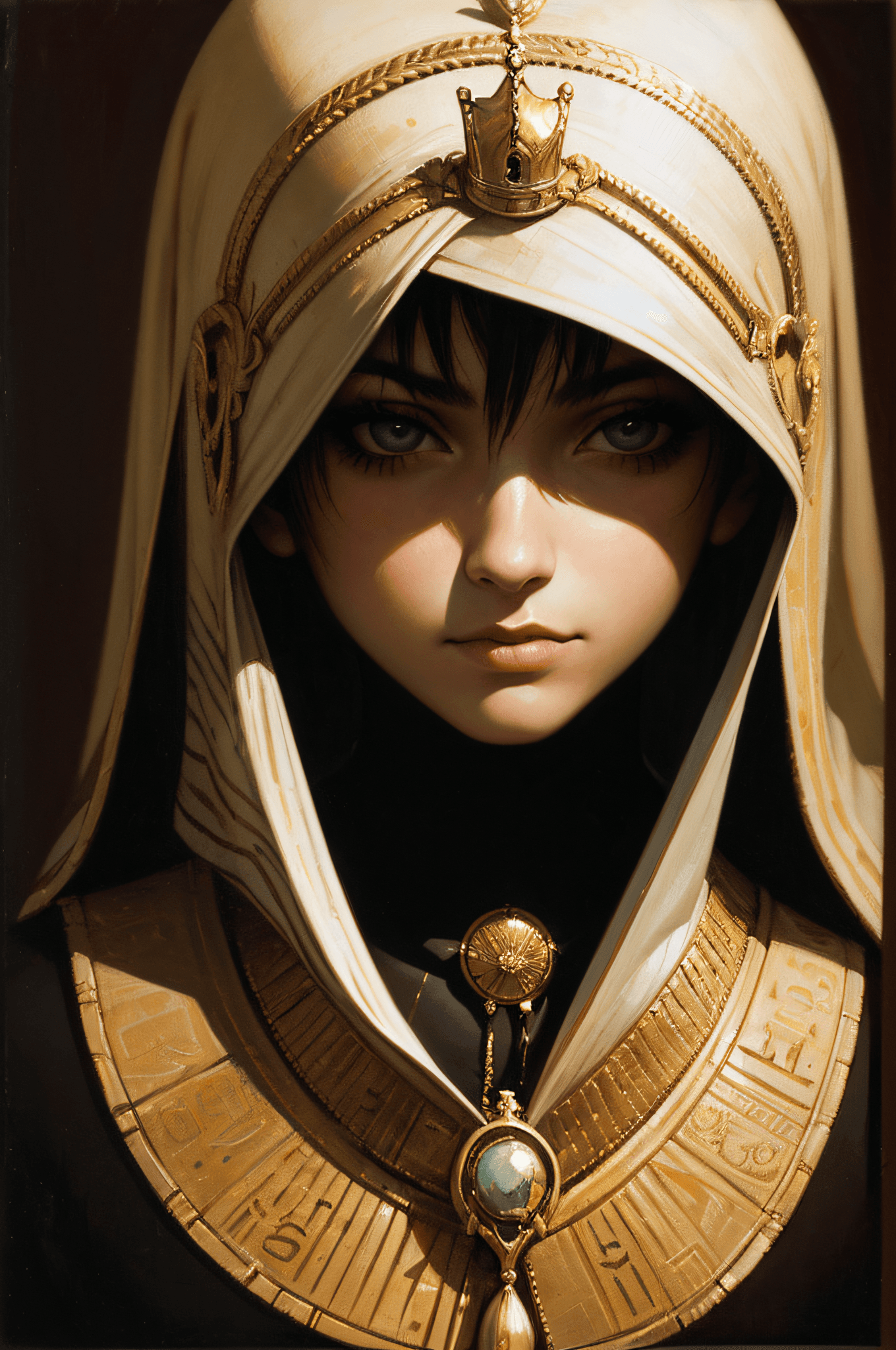 AI generated: 1girl,mature, queen, makeups, futuristic Egypt solo, dark space, dim light muted color, realistic (p...