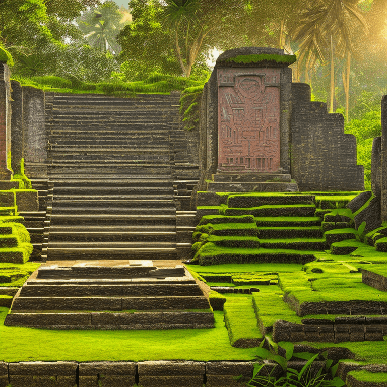 AI generated: (Masterpiece , Award Winning:1.2), Photo of a Hidden Ancient Aztec temple ruins, jungle, South Ameri...