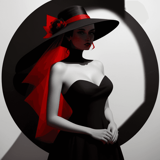 AI generated: a  stunning woman in a black  and red dress is wearing a big hat to the right, in the style of cleve...
