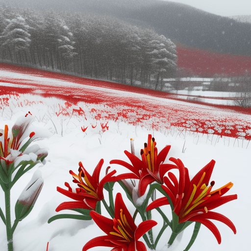 AI generated: Snow scenery, red flowers lilies blooming