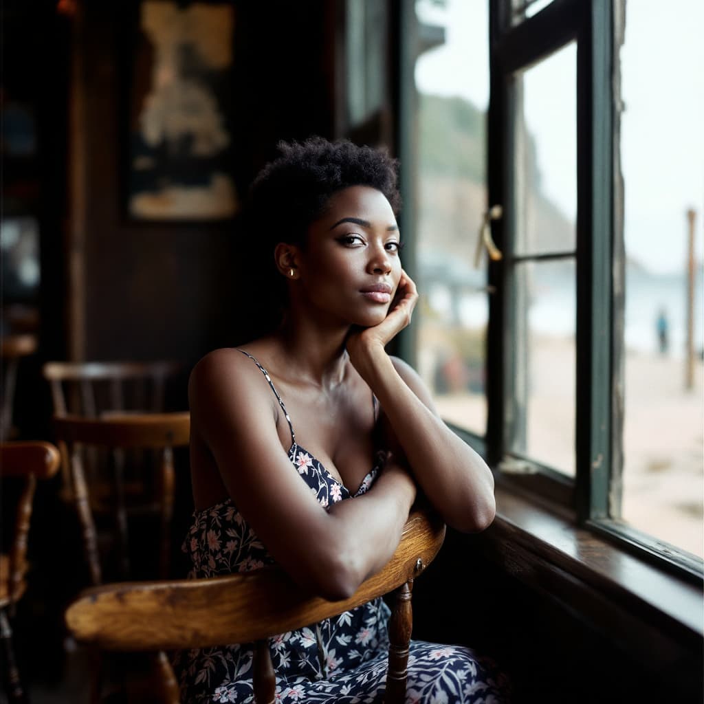 AI generated: a black woman with short hair leans on a chair, in the style of social media portraiture, earthcore,...