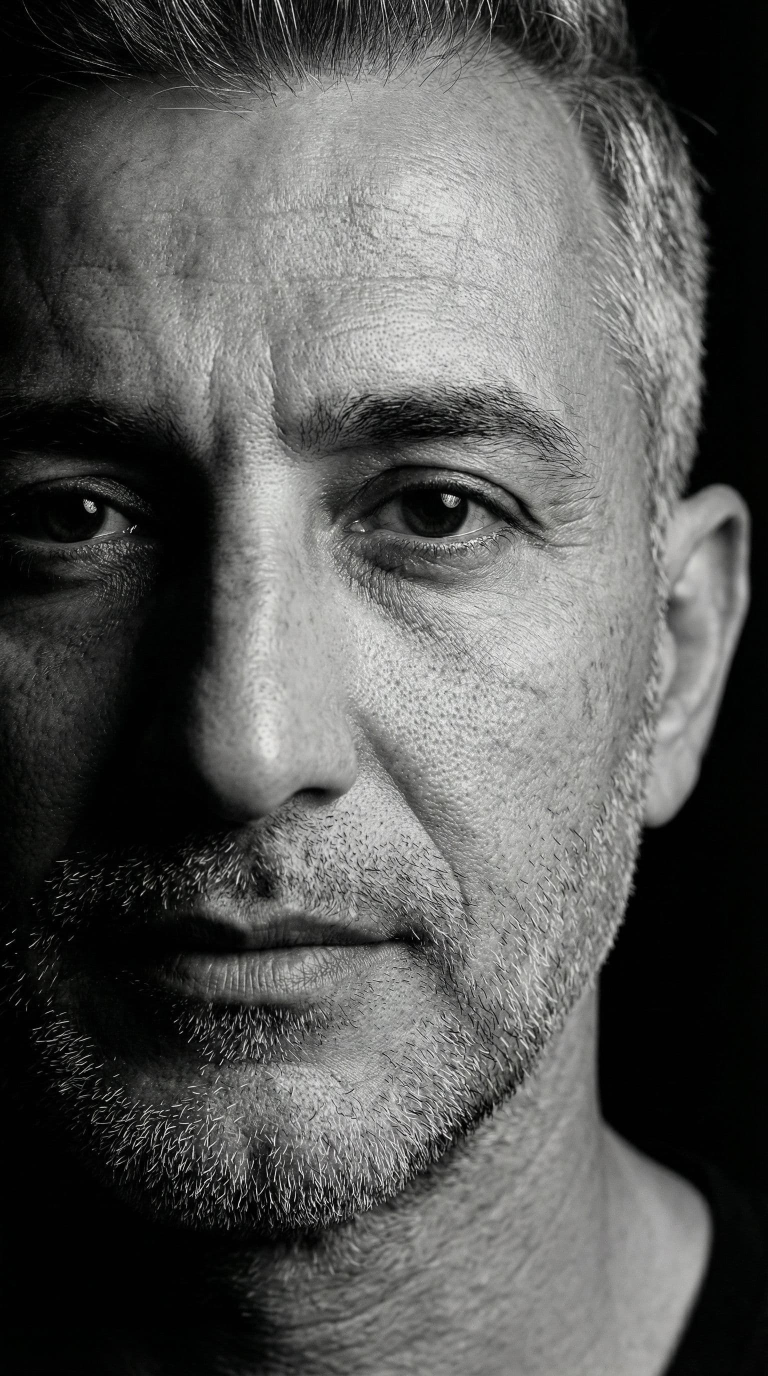 AI generated: High-definition black and white portrait of an attractive mature man, 60–80 years old. Minimalist be...