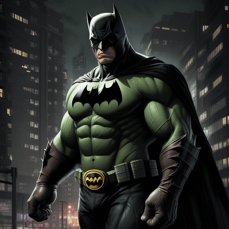 AI generated: hulk with full batman costume, reddish eyes, urban avenue, modernist buildings from the year 1900, t...