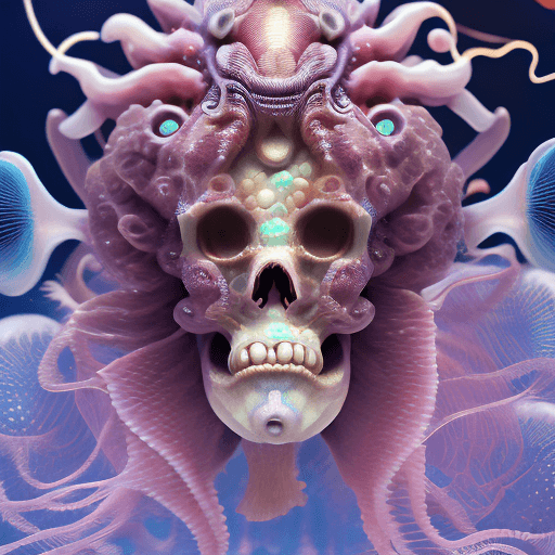 AI generated: Goddess close-up portrait ribcagel. jellyfish phoenix head, nautilus, orchid, skull, betta fish, bio...