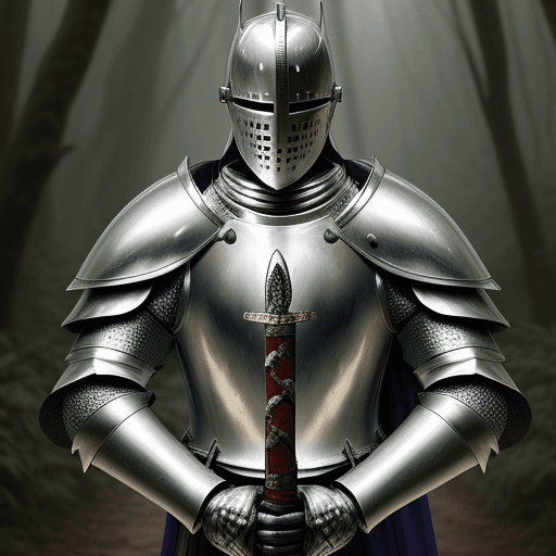 AI generated: real life portrait photo of a knight wearing shiny silver armor while holding a sword, the knight is...