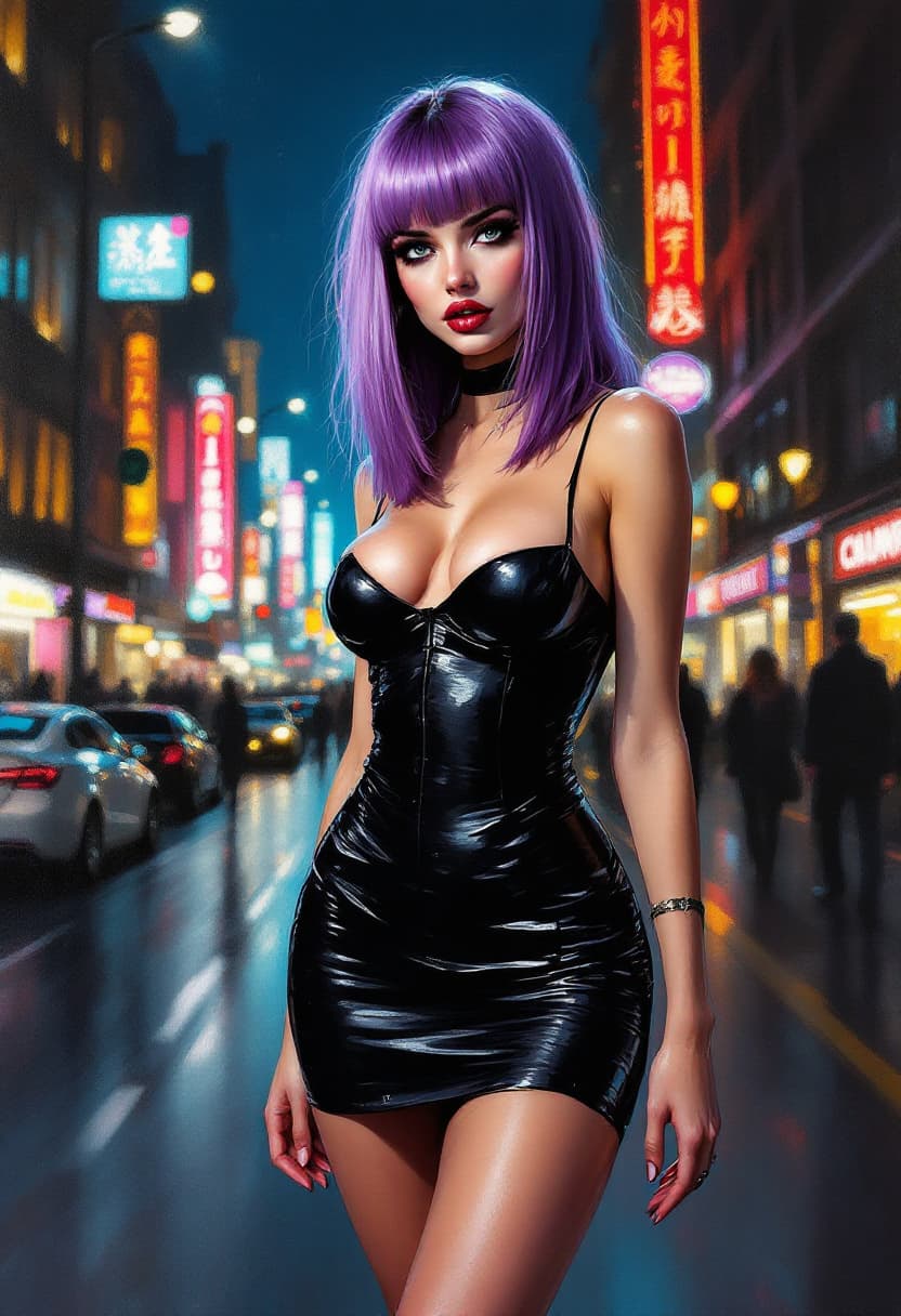 AI generated: oil on canvas, impressionist tendencies, painting of a beautiful goth woman , straight purple hair w...