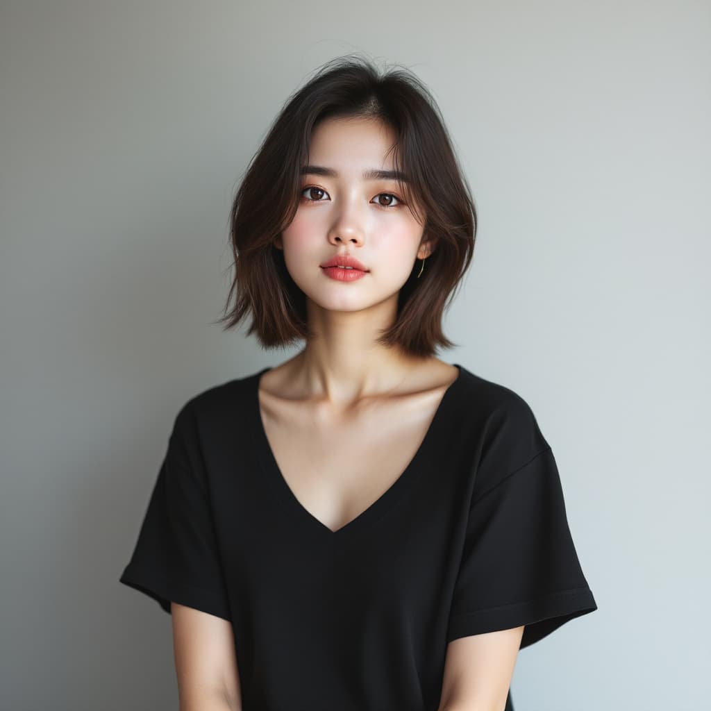AI generated: photo of an Myanmar girl  24 yo with short hair wearing a v-neck t-shirt, kPop style, neutral backgr...