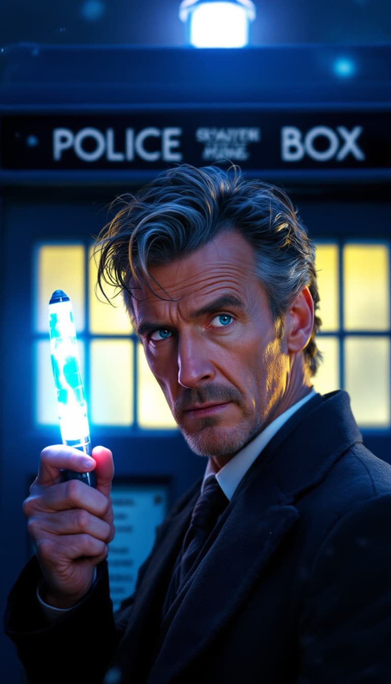 AI generated: hyperrealistic digital artwork of the ncuti gatwa as the Doctor from doctor who, he's holding his so...