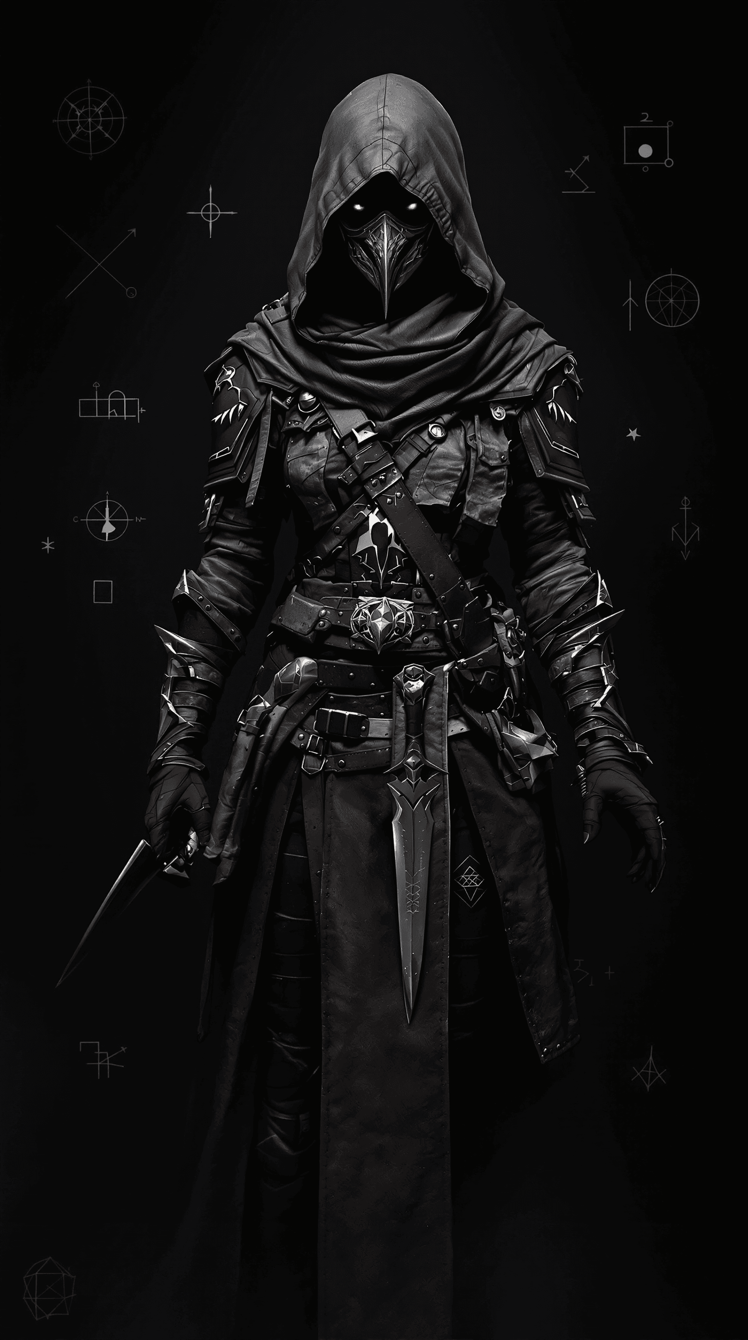 AI generated: A dark and intense woman character design depicting a Templar Assassin, wearing a hooded, armor-like...