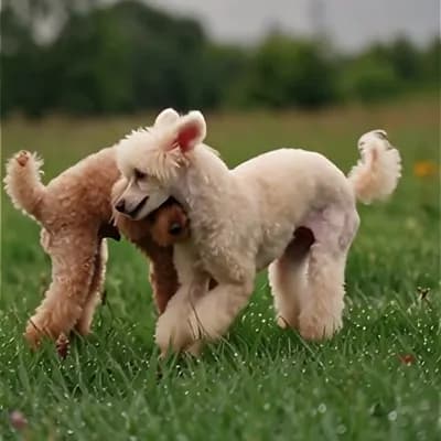 AI generated video: 2 toy poodles are mating in grass field
