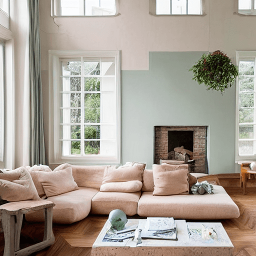 AI generated: high resolution photography interior design, dreamy sunken living room conversation pit, wooden floo...