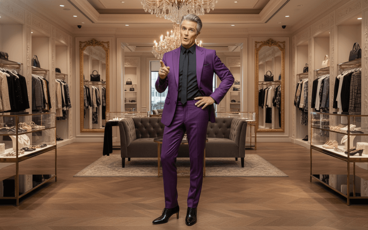 AI generated: At a very luxurious clothing store. 

The flamboyant sales man is 6 feet tall. He is 50 years old,...