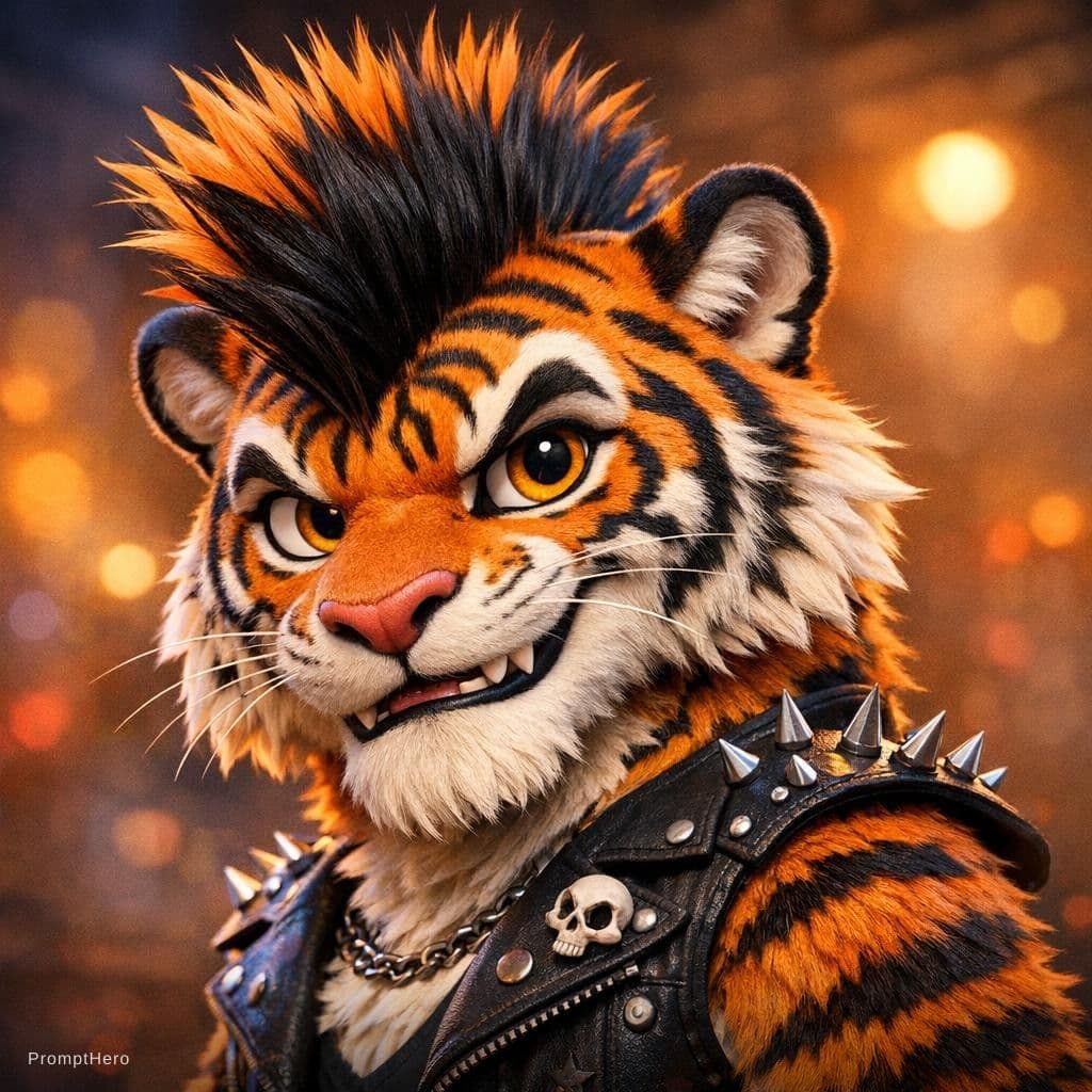 AI generated: Create a ultra high resolution Pixar style 
Tiger with a Mohawk 
