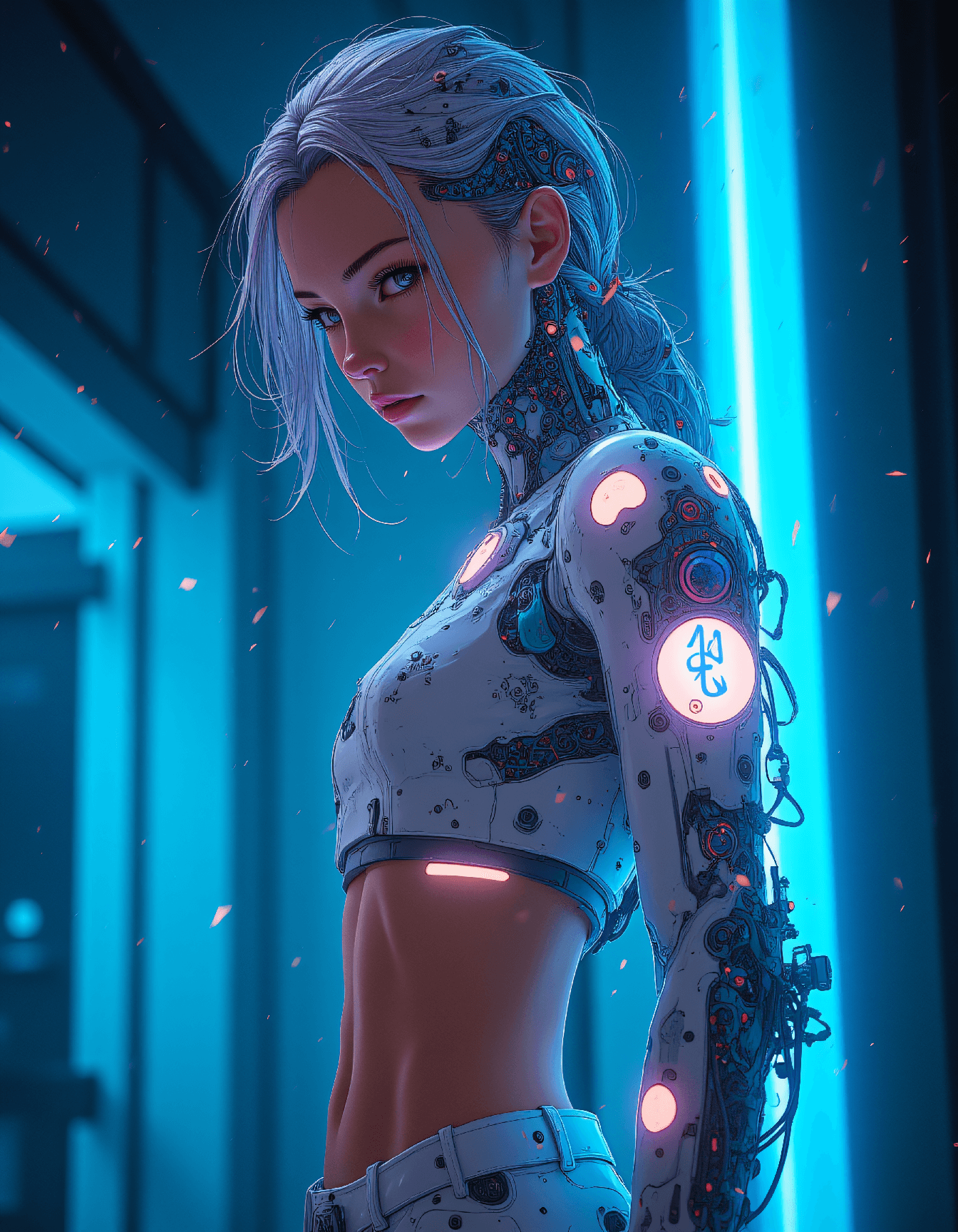 AI generated: (Half body Photo of a a young mid twenties woman, visible midriff:1.5) ultra realistic.Futuristic ra...