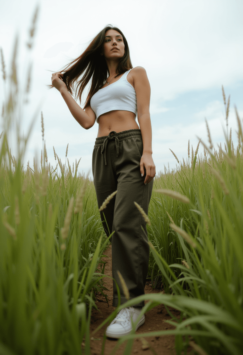 AI generated: photograph of an overgrown grass field, woman, low angle, long brunette hair blowing in the wind, lo...