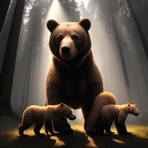 AI generated: Generate an image of a strong mother dog standing protectively in front of her pups, facing a fierce...