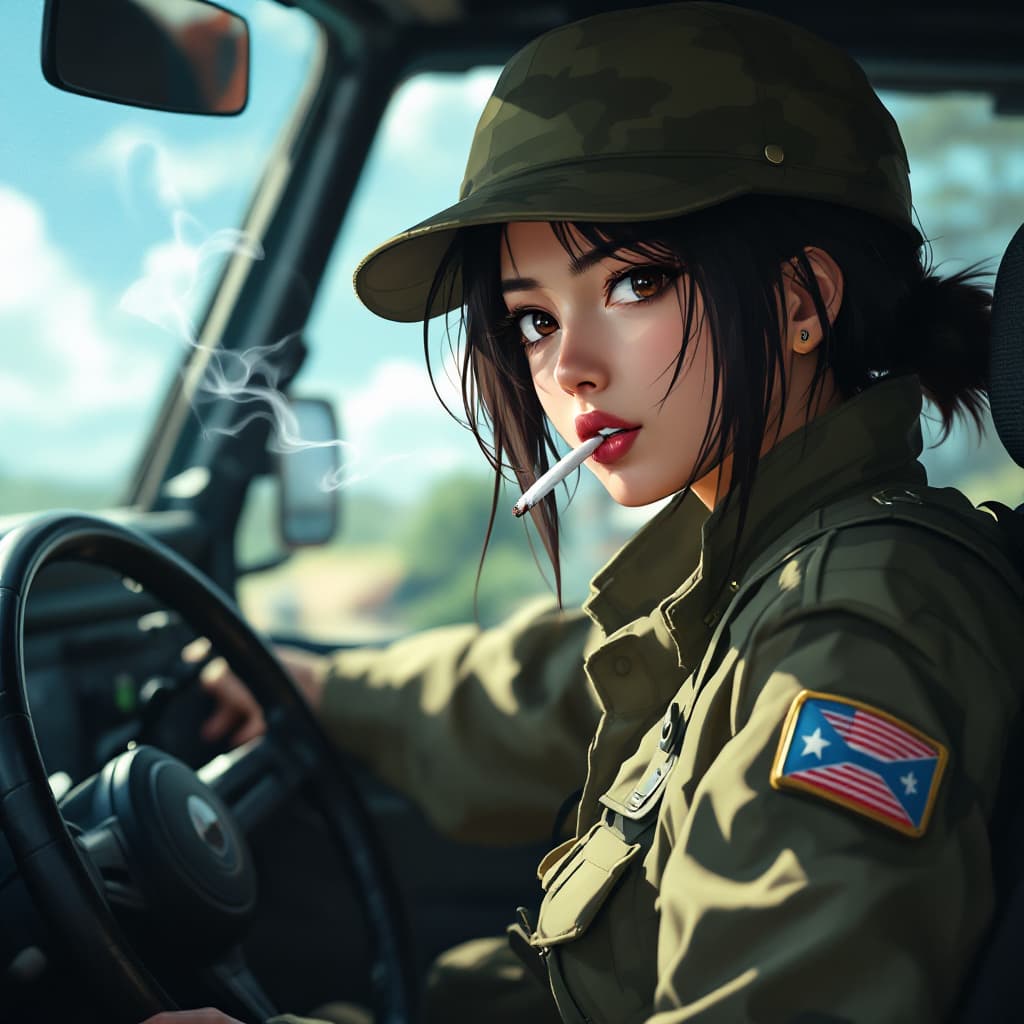 AI generated: Japanese anime ,Asian girl,  She is wearing combat gear ,The woman is smoking a cigarette, she is dr...