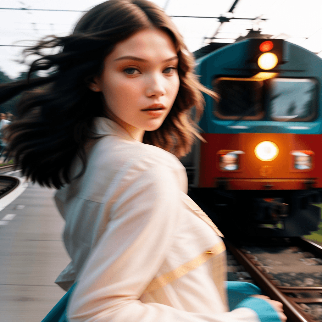 AI generated: front side arriving train right behind her, a girl sasha luss running for her life against arriving ...