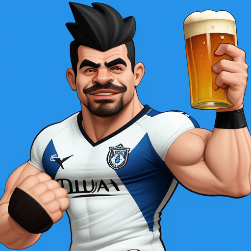 AI generated: a caricature that illustrates a strong soccer Fan, with muscular arms, who hold a beer in his hand, ...
