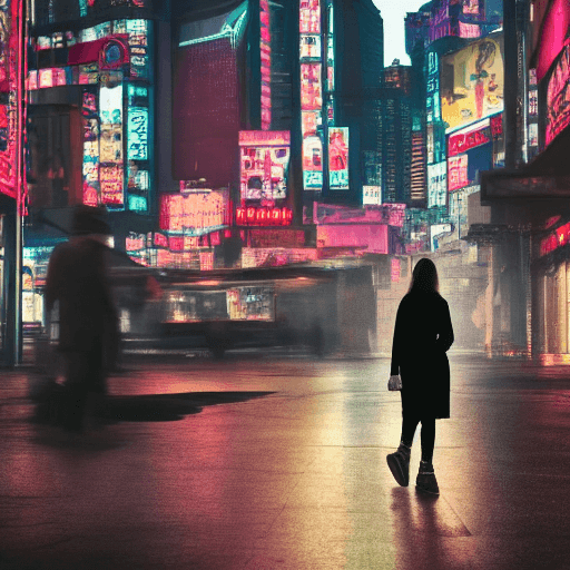 AI generated: A woman walkin in a cyberpunk city. People in background and buildings