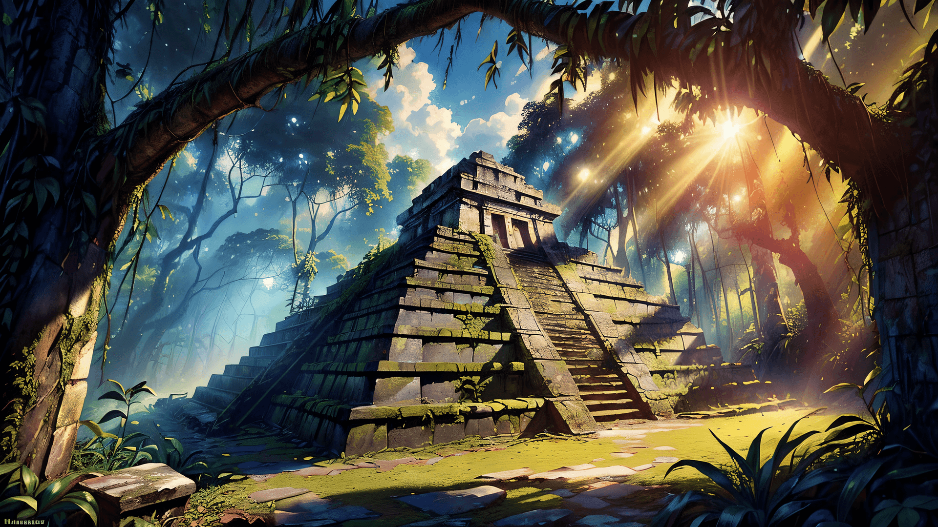 AI generated: (Masterpiece , Award Winning:1.2), Photo of a Hidden Ancient Aztec temple ruins, jungle, South Ameri...
