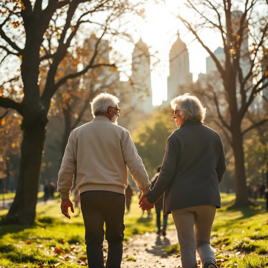 AI generated: A black older couple walking holding hands in Central Park sun blaring down in their faces