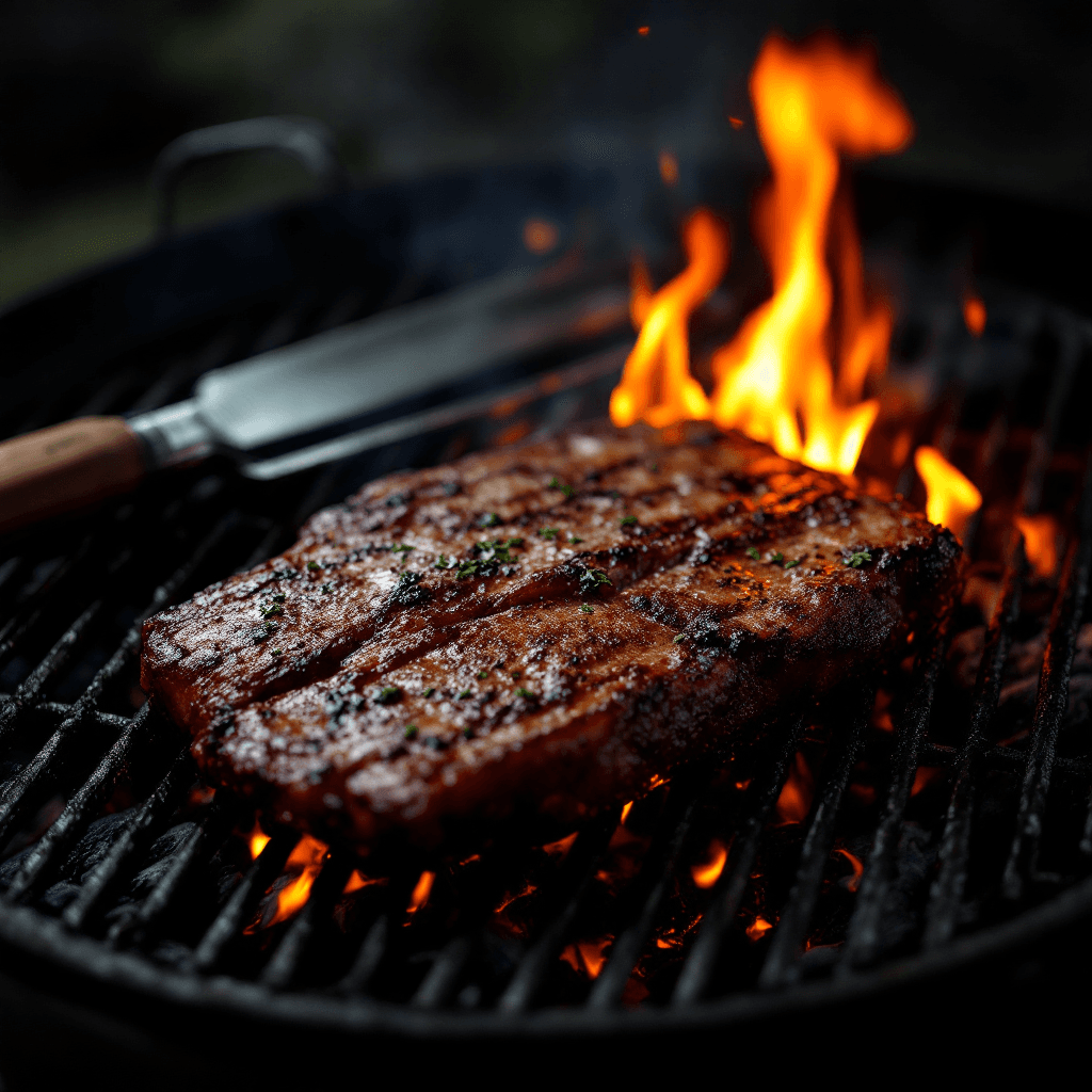 AI generated: Darker Photography of grill with grill tools on it and piece of bbq
