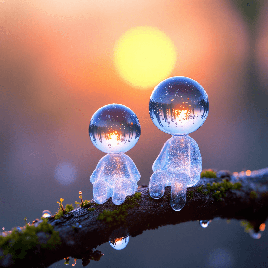 AI generated: A **high-quality HDR conceptual macro photograph** of a **tree branch**, featuring two **transparent...