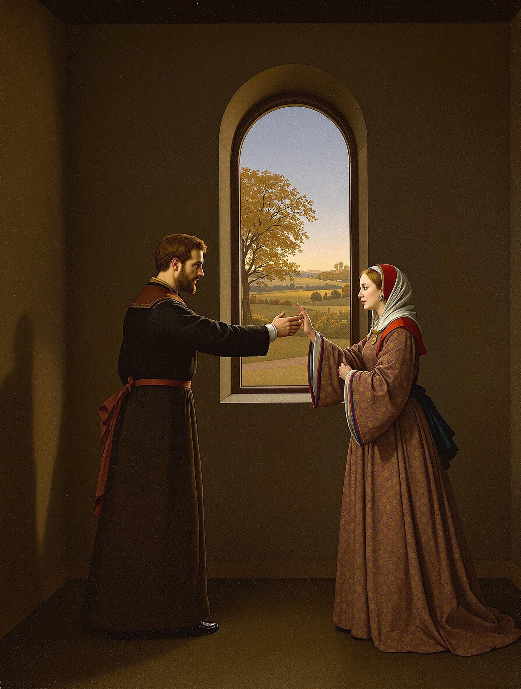 AI generated: in this Jan van Eyck painting a husband, standing in profile on the left in a sparsely decorated roo...