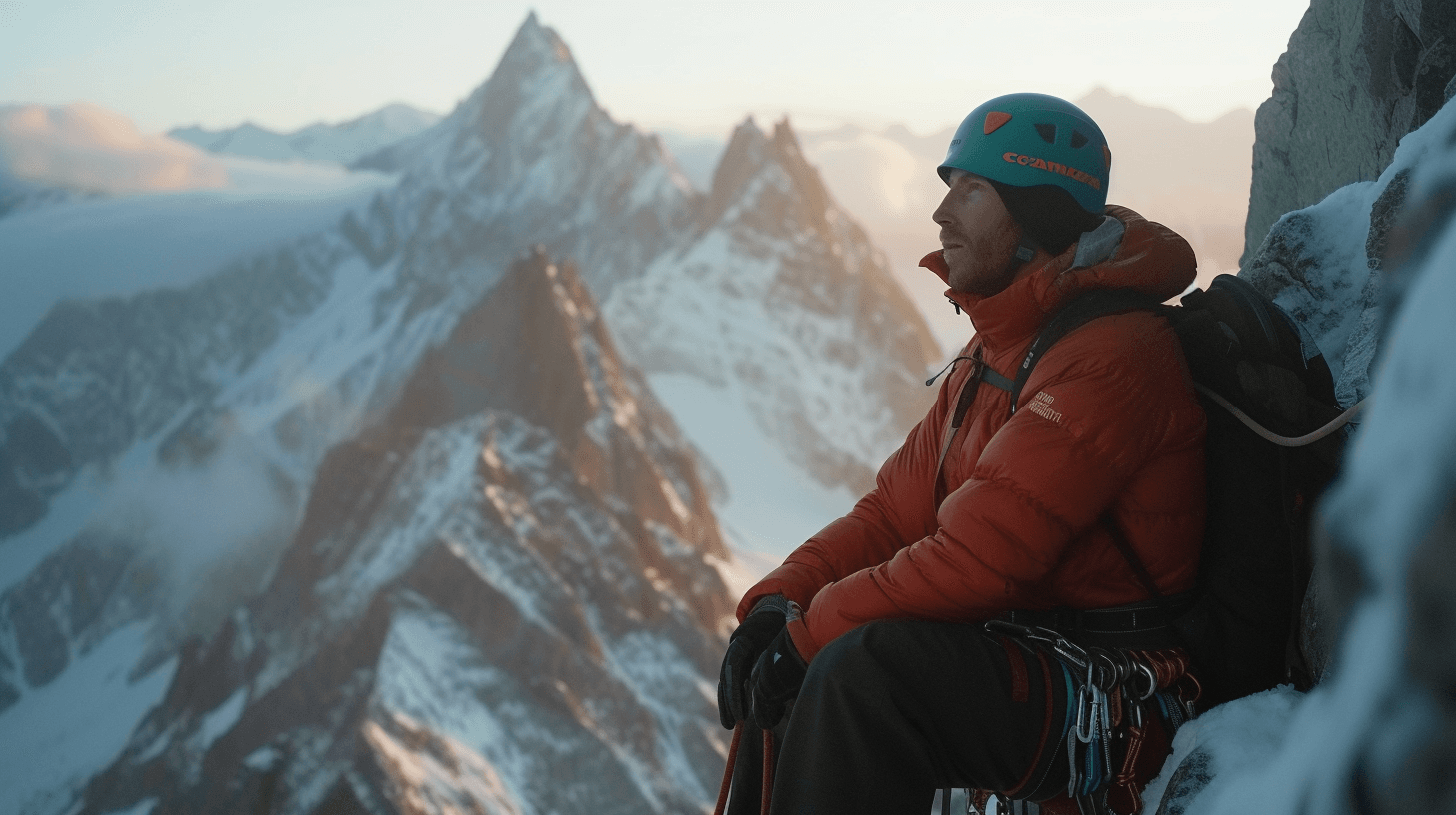 AI generated: At the pinnacle of a towering mountain peak, a solitary climber rests in a moment of tranquil accomp...