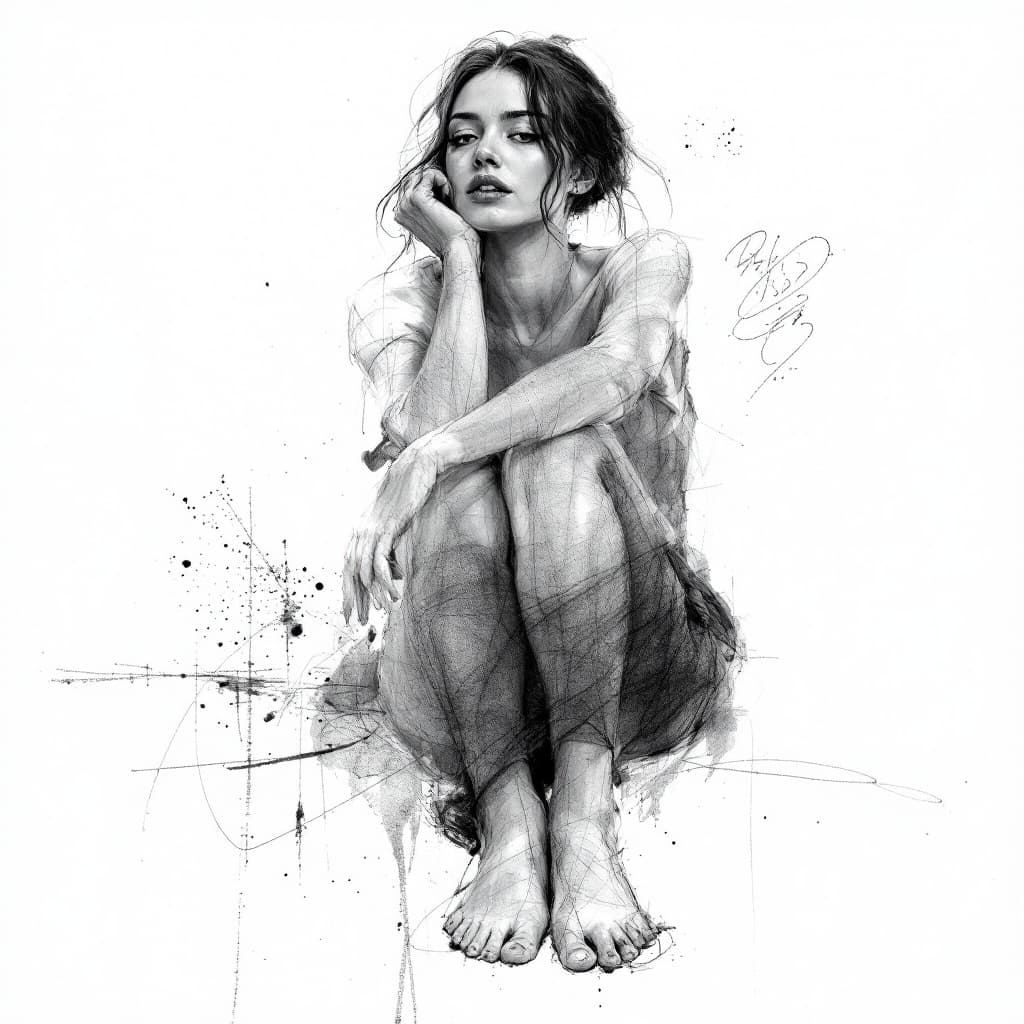 AI generated: A woman sits with her knees apart in front of the viewer, sketch, pencil drawing, smudges