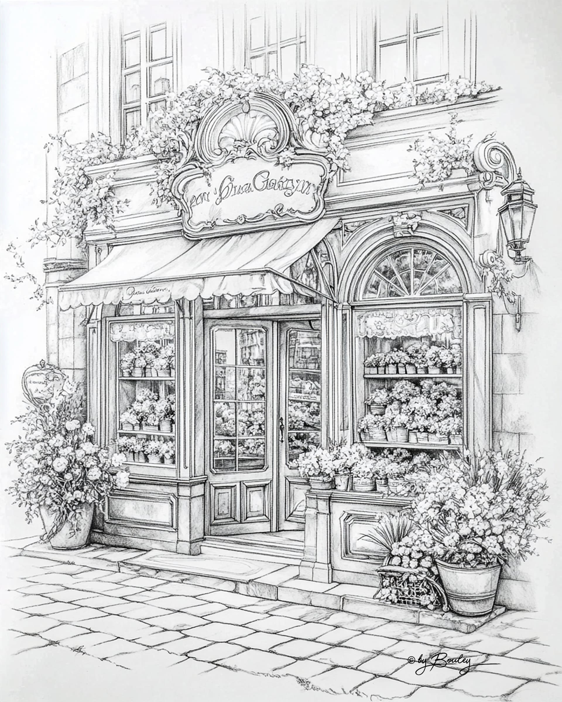 AI generated: a photographic hyper realistic pencil drawing of a Victorian romantic royal flower shop on a palace ...