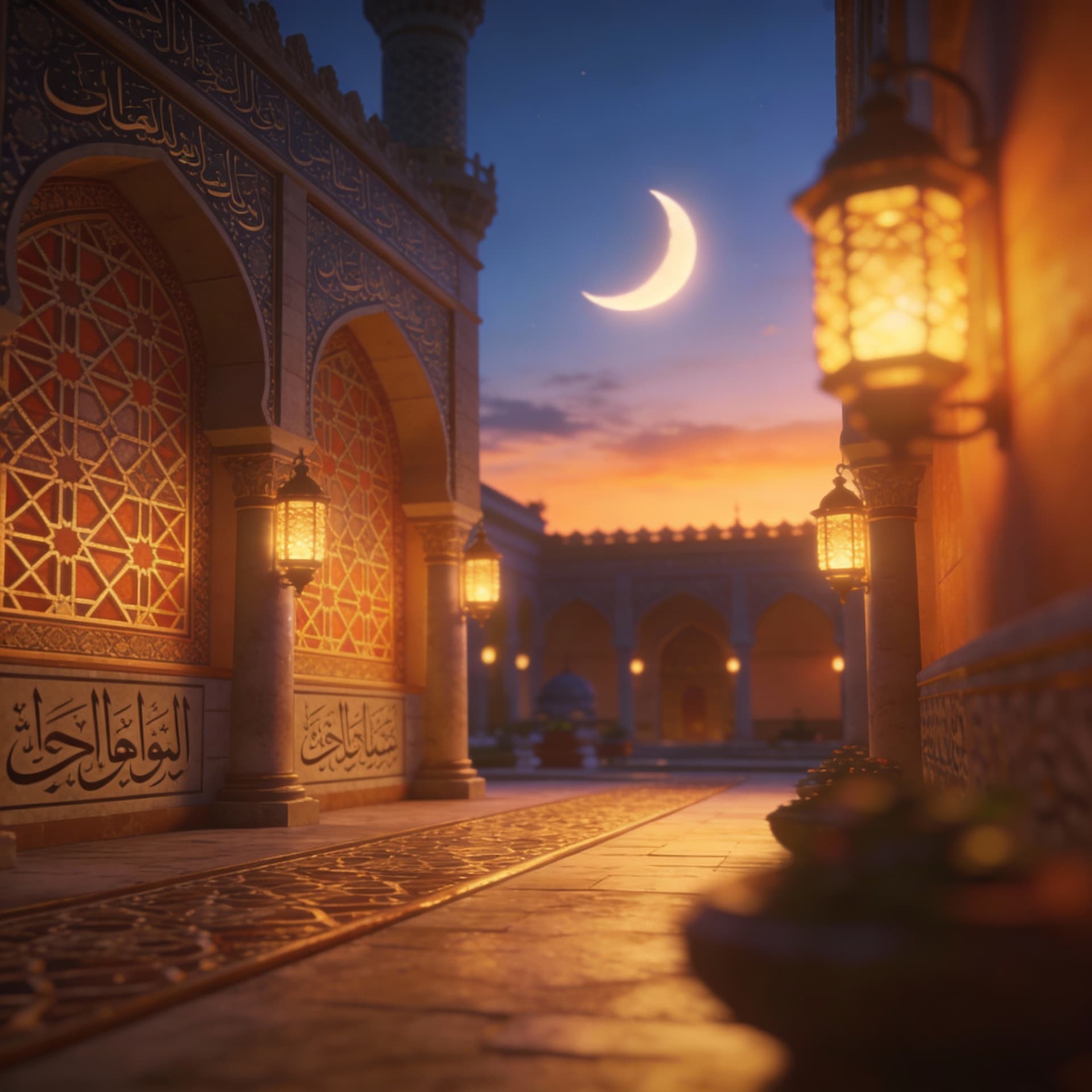 AI generated: “A serene and spiritual Ramadan scene, soft warm lighting illuminating a peaceful mosque courtyard a...