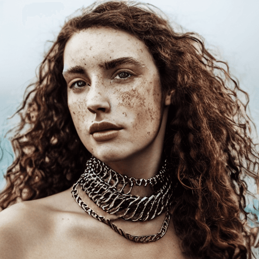 AI generated: portrait photo of an open and proud looking, beautiful model like Galician woman, long curly brown c...