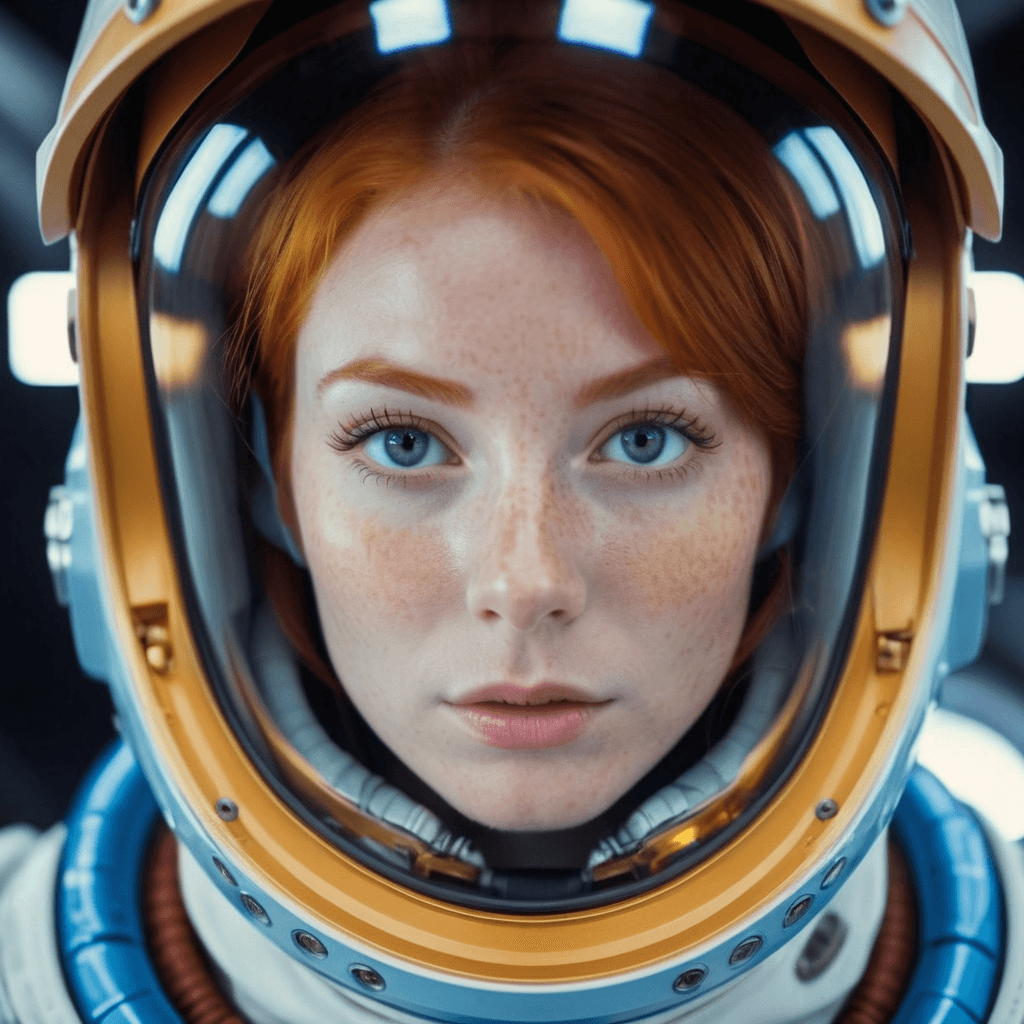 AI generated: Photo of a ginger woman, in space, futuristic space suit, (freckles:0.8) cute face, sci-fi, dystopia...