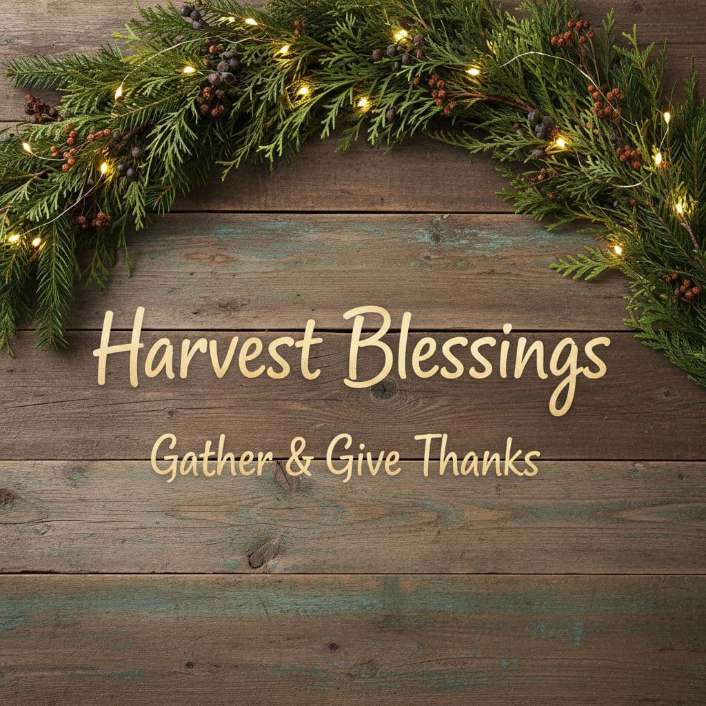 AI generated: Rustic wood background with garland, text in Amatic SC, tall handwritten style.