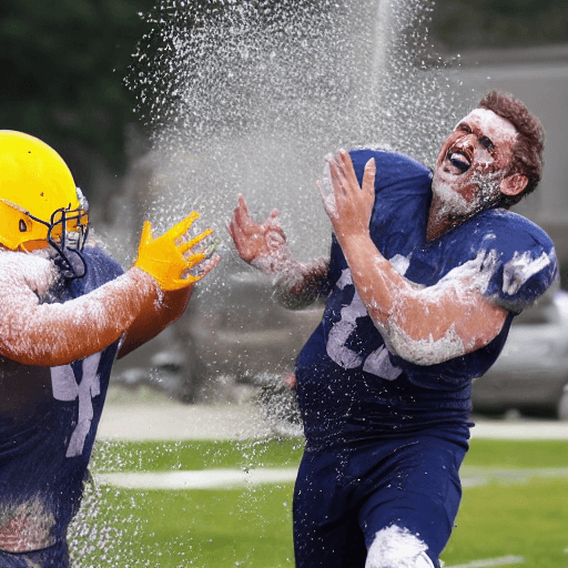 AI generated: two laughing rugged, sweaty, caucasian american football players in pads and helmets, throwing custa...