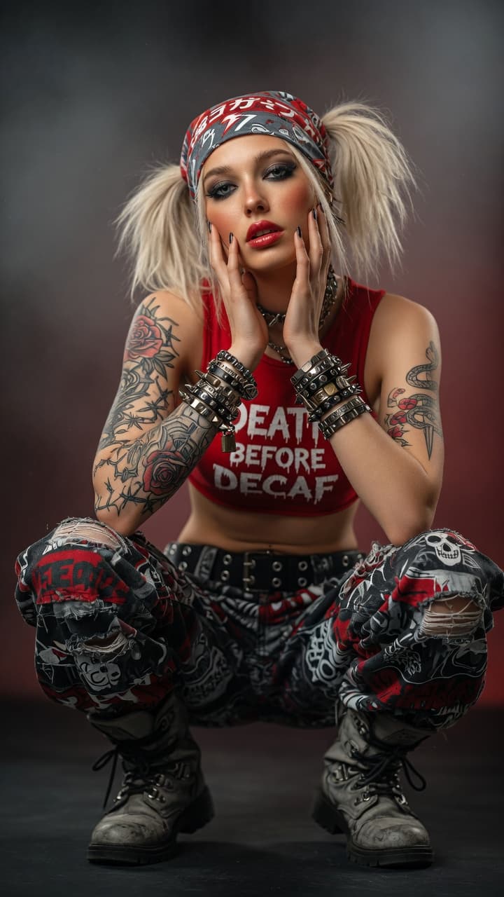 AI generated: Ultra-realistic photograph of a striking young woman with platinum blonde hair styled in messy high ...