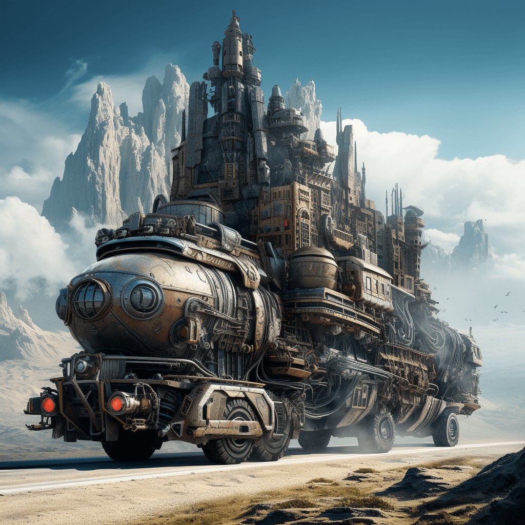 AI generated: mobile city on wheels moving across a desolate plain, mountains in the background, photo, digital ar...