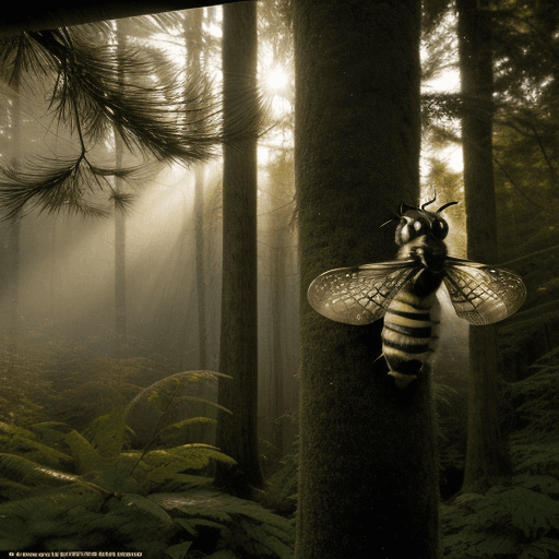 AI generated: Hyper realistic eye level exterior photo of a four-toothed mason wasp flying around a barred owl, pa...