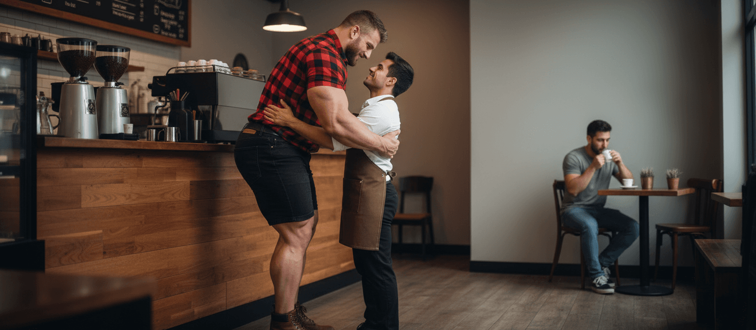 AI generated:  At a coffee shop with 1 customer in the background. There's a bodybuilder 6'4" tall, he has muscula...