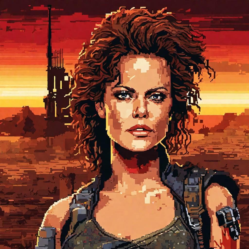 AI generated: A portrait Avatar of Sigourney Weaver as an 8-bit Vintage Retro Pixelated Style Game, mad max post a...