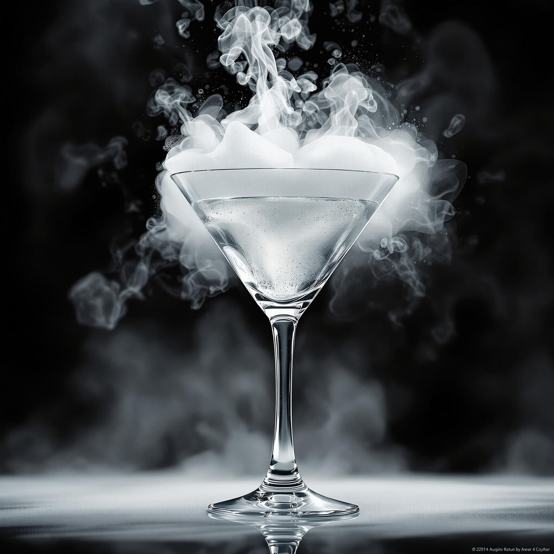 AI generated: award-winning photography of a perfect martini with dry ice in the vodka and fumes rising from the i...