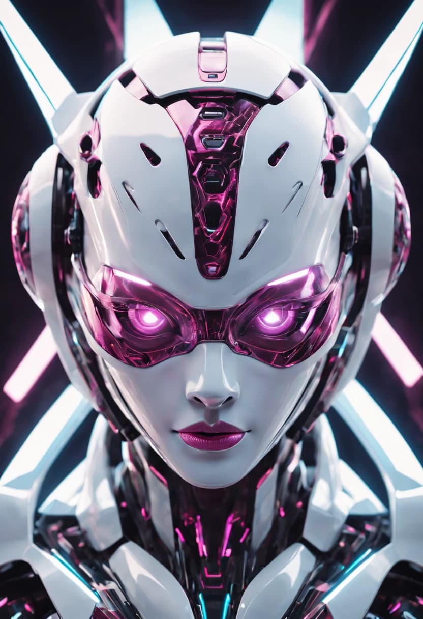 AI generated:  white robot wearing a mask, immersed in cyberpunk aesthetics with a shiny/glossy finish. Integrate ...